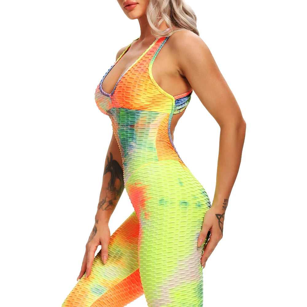 Women Tie Dye Yoga Jumpsuit - Rainbow