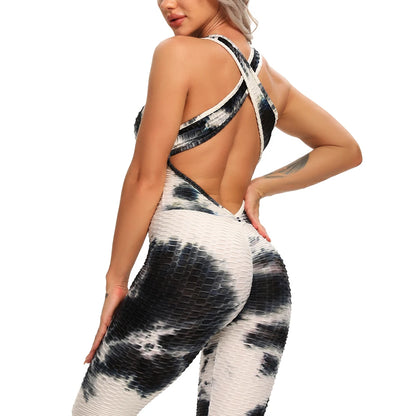 Women Tie Dye Yoga Jumpsuit - Black White